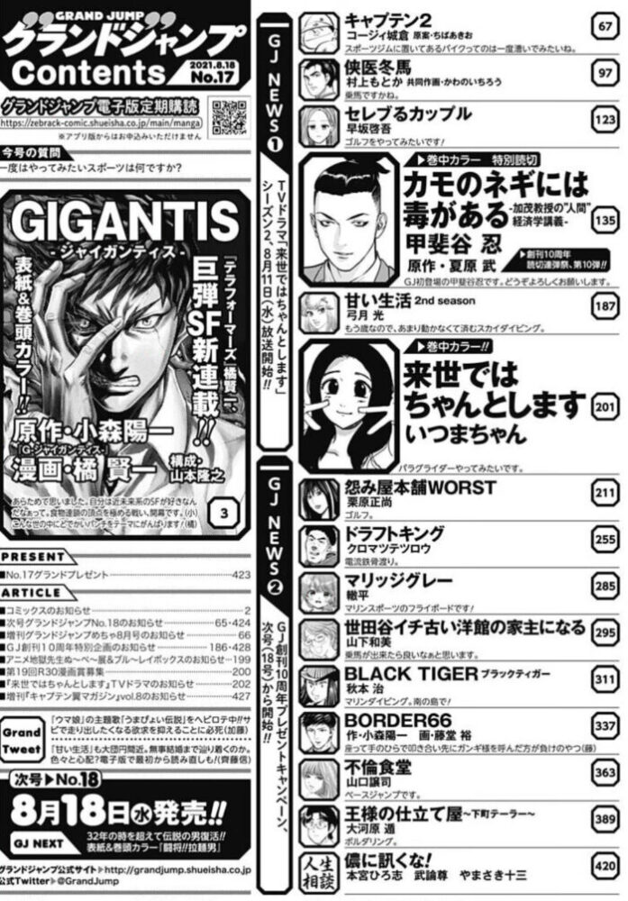 ジャイガンティスの記念すべき第一話のグランドジャンプ17号の目次。